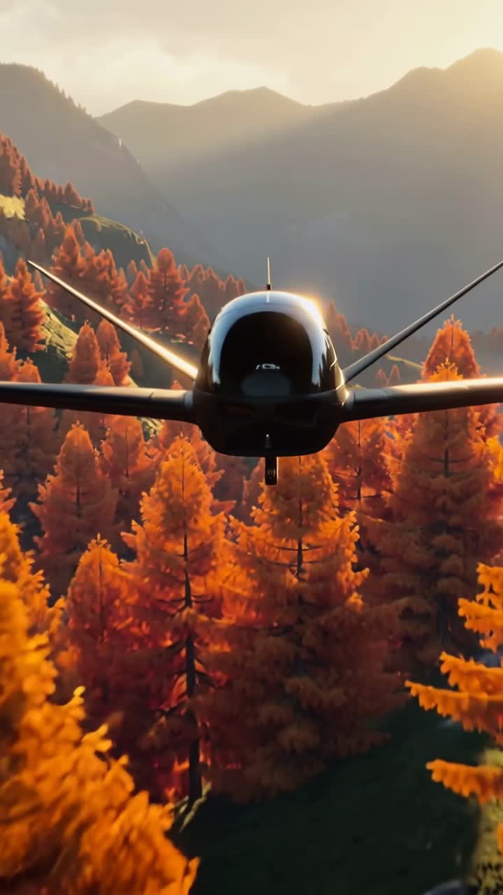 Vertikal video: Pilot styrer fly, der flyver lavt i efterårsdal og passerer under stenbuebro