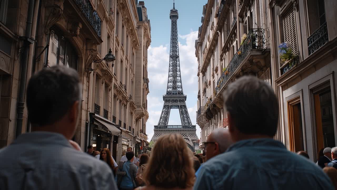 Crowds stroll through Parisian streets toward the Eiffel Tower. People appear calm, lost in the city's charm. The tower stands tall, framed by historic buildings. Perfect for travel, tourism