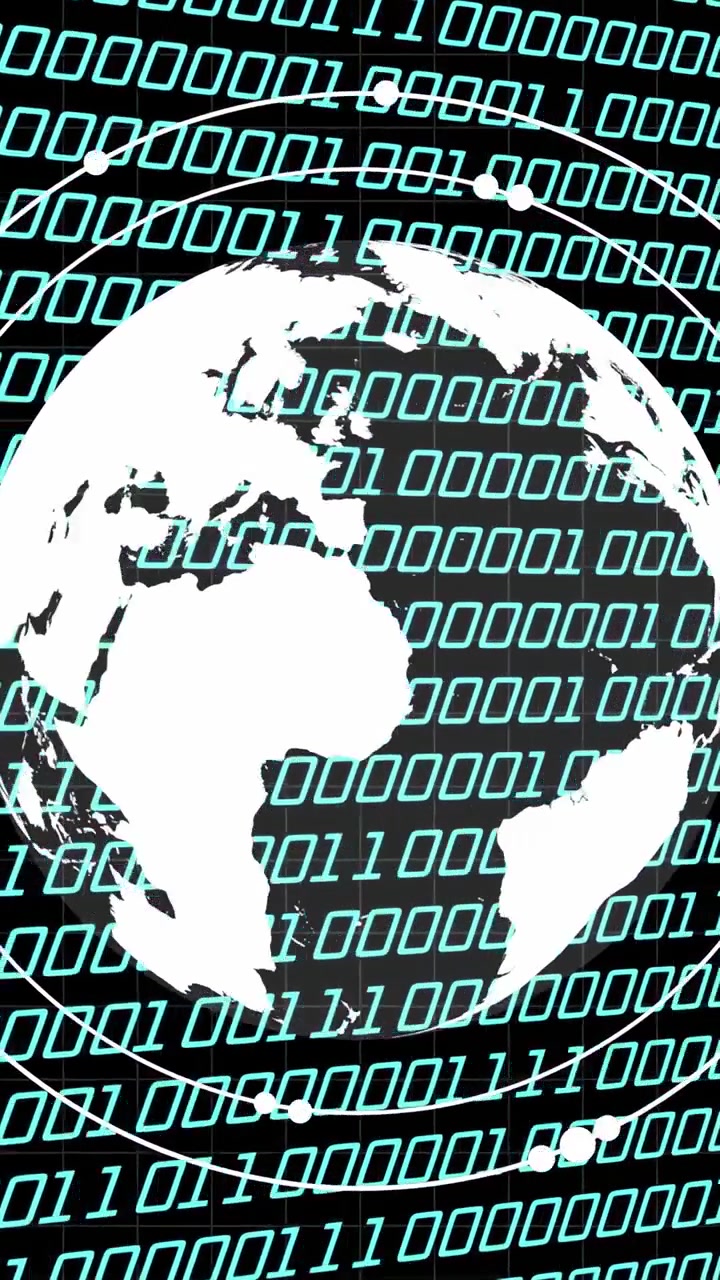 Vertical video: Teal grid scrolling as white orb rising zooming turning with rings dots linking map