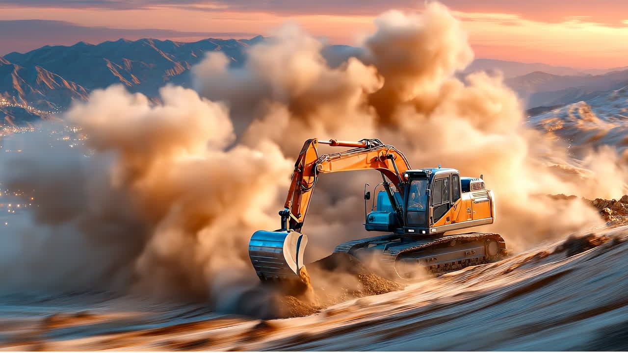 Excavator at sunset on dust. An excavator digs through dusty ground while clouds of dust rise at sunset, highlighting construction activity