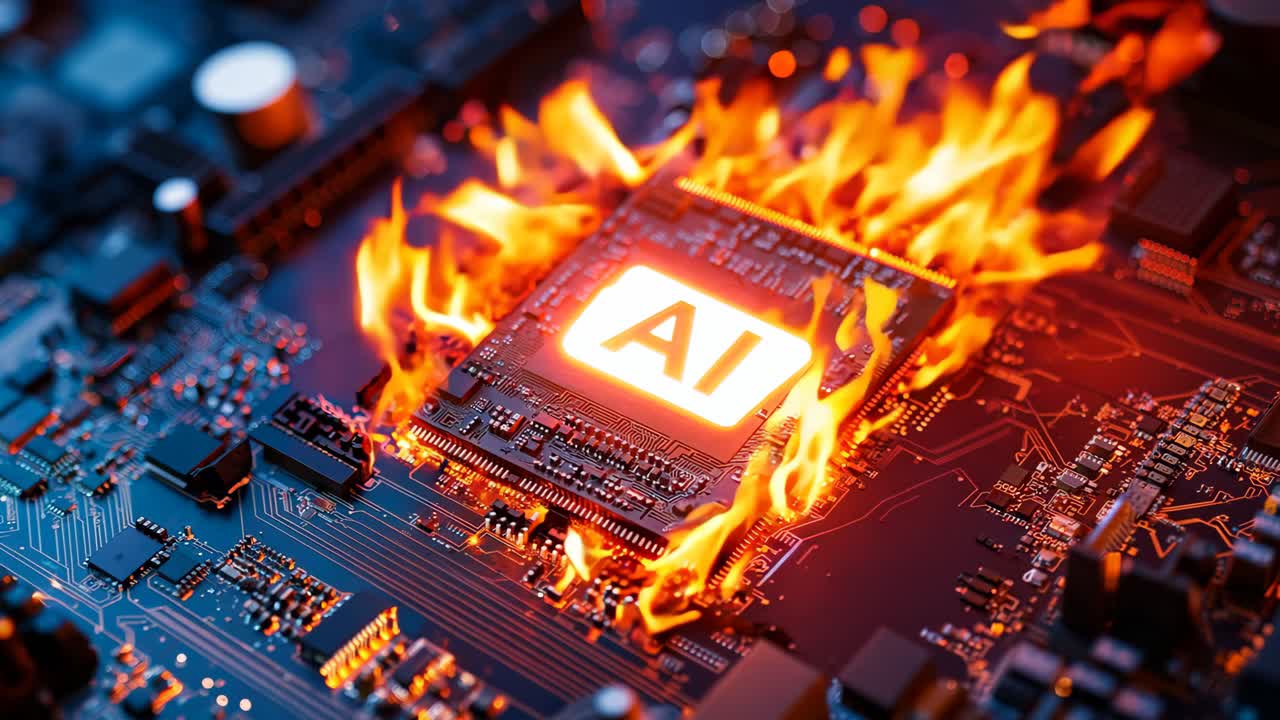 un chip di computer in fiamme sulla parte superiore di una scheda di circuito
