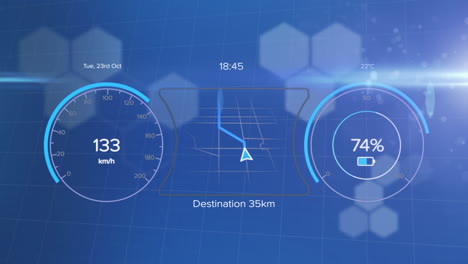 Animation-of-electric-car-dashboard-data-processing-over-blue-background