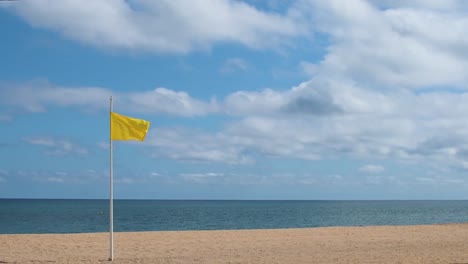 bandera de advertencia amarilla que sopla en el viento en un día soleado en la playa vacía