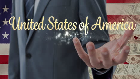 animation of united states of america text over man reaching his hand and american flag