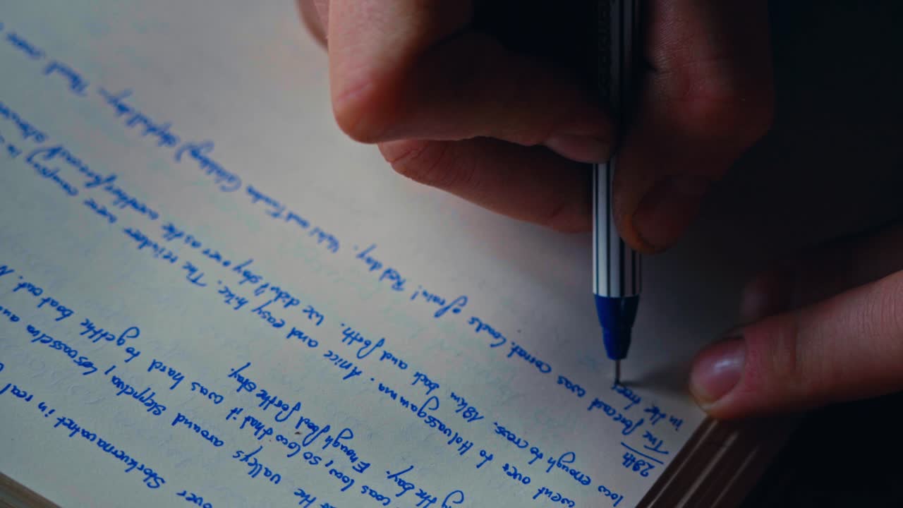 A Person Writes in a Journal With Blue Ink While in Reinsjøen, Åfjord, Norway - Close Up