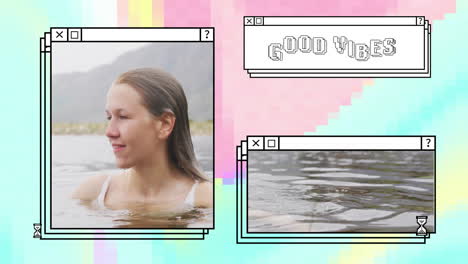 animation of good vibes text over caucasian woman swimming