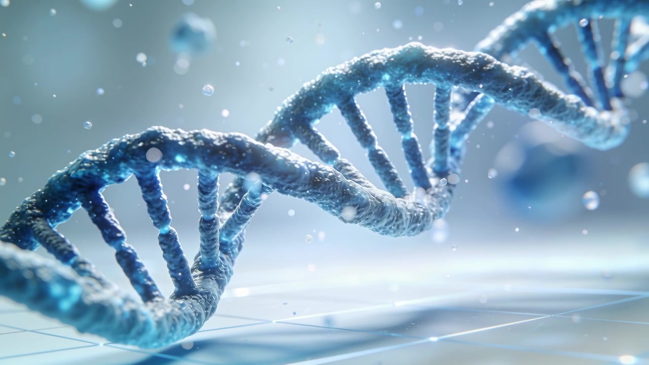 3D stüdyoda, ızgara düzlemi, yumuşak parlamalar ve yüzen kürelerle birlikte sağa doğru kayan, dönen buzlu bir DNA sarmalı.