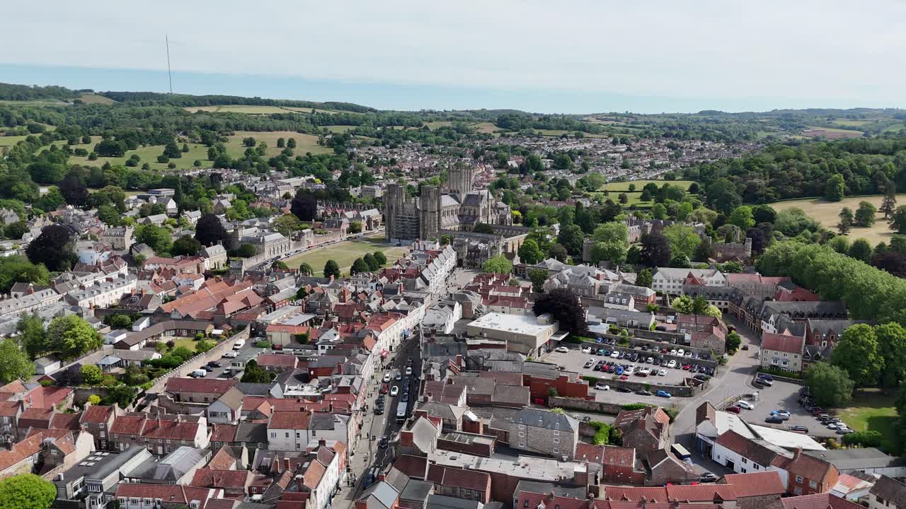 Wells, town centre Somerset UK houses and streets drone,aerial