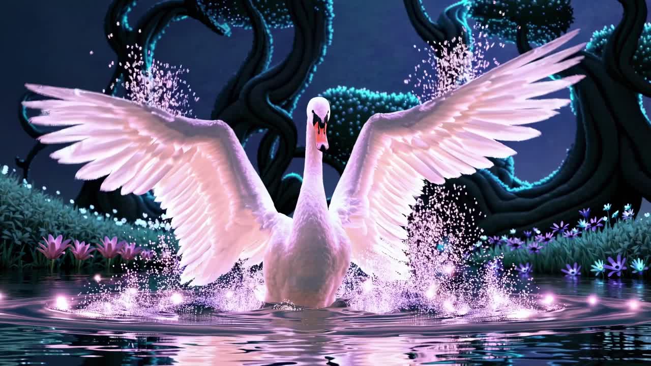 A majestic swan spreads its wings in a mystical, glowing forest