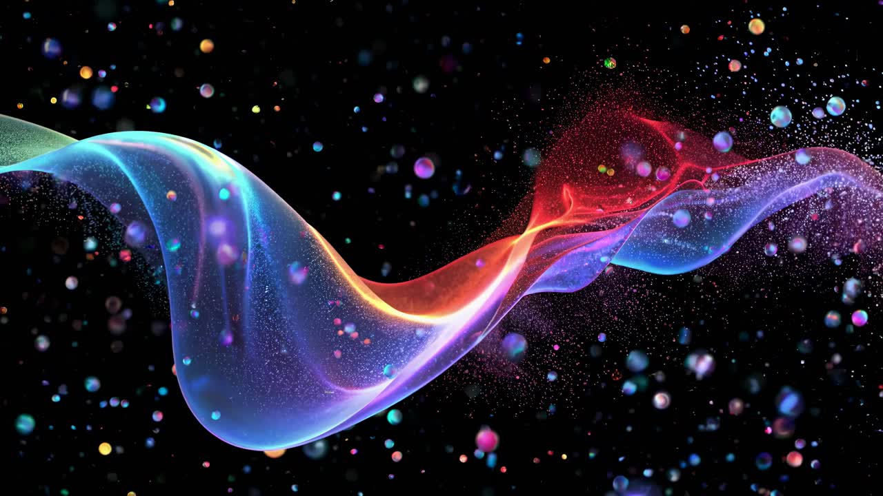 Abstract video concept with colorful wave patterns and particles on a black background