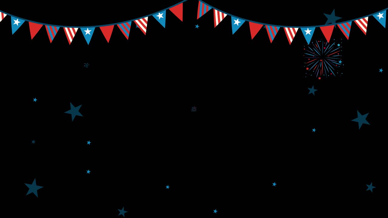 Dynamic fireworks burst against a black sky, accented by colorful bunting. Bright, celebratory atmosphere with rhythmic transitions