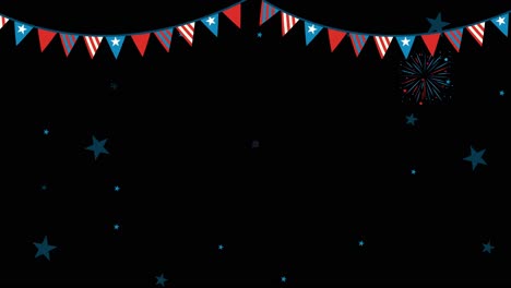 dynamic fireworks burst against a black sky, accented by colorful bunting. bright, celebratory atmosphere with rhythmic transitions