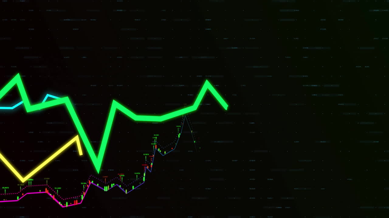 Animazione di grafico a linee verde luminoso con effetti di glitch digitale su sfondo scuro
