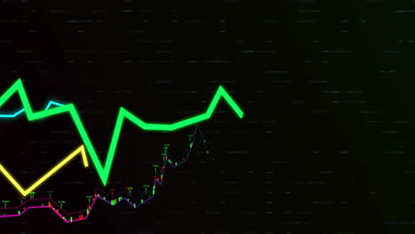 animating glowing green line graph with digital glitch effects on dark background