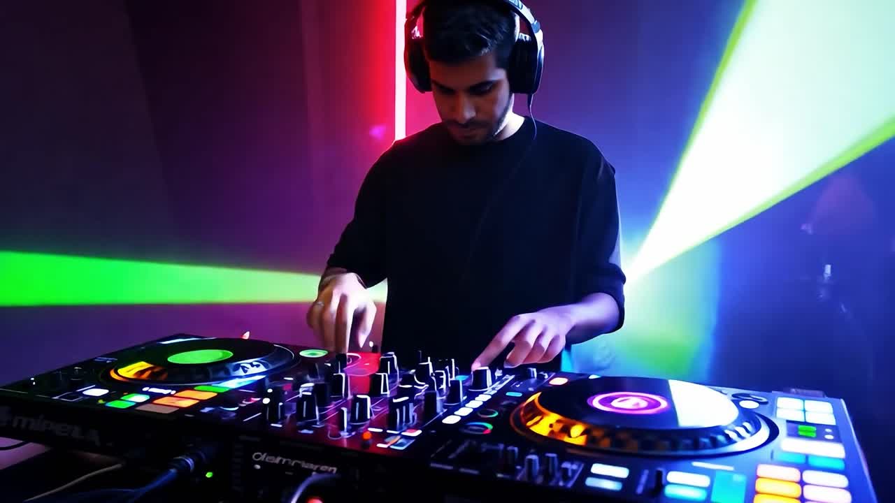 DJ mixing music on turntables with headphones