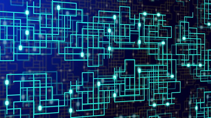Animazione di circuito digitale e flusso di dati su sfondo blu.