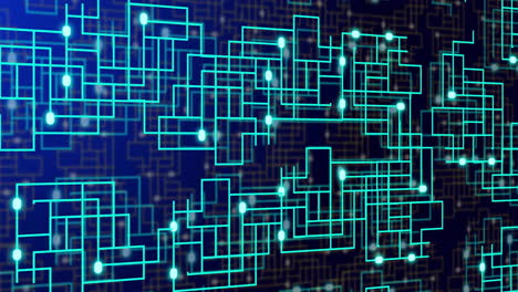 Digital circuit board and data flow animation over blue background