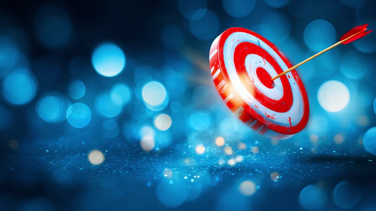 A striking visual of a target being hit by an arrow, emphasizing precision and focus amidst a blurred blue bokeh background, symbolizing success and achievement in goals