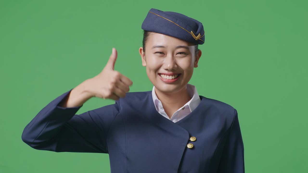 녹색 스크린 배경 스튜디오에 서있는 동안 카메라에 엄지손가락을 보여주고 미소 짓는 아시아 여성 에어 호스테이스의 클로즈업