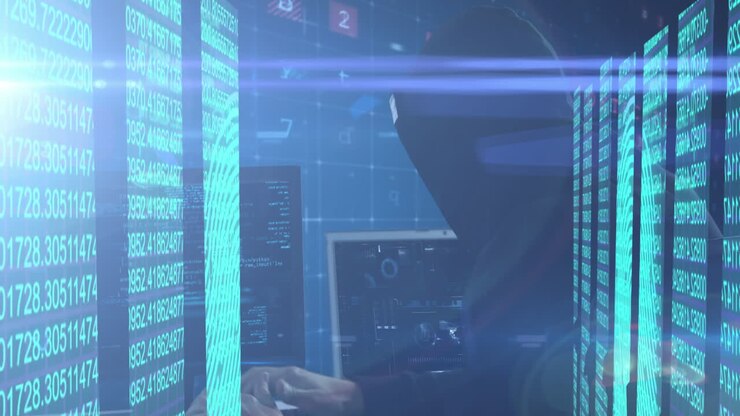 Animation of multiple screens showing blue lines of number over male hacker