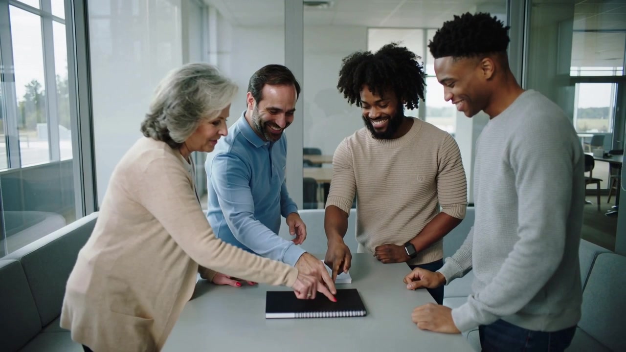 Placing woman in cardigan placing notebook and papers at glass office table, team leaning, agreeing