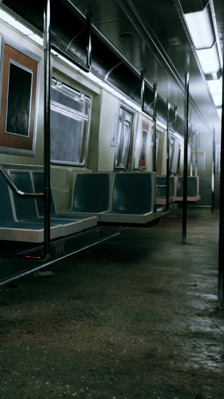 Interno di un treno della metropolitana vuoto in un'area urbana di giorno.