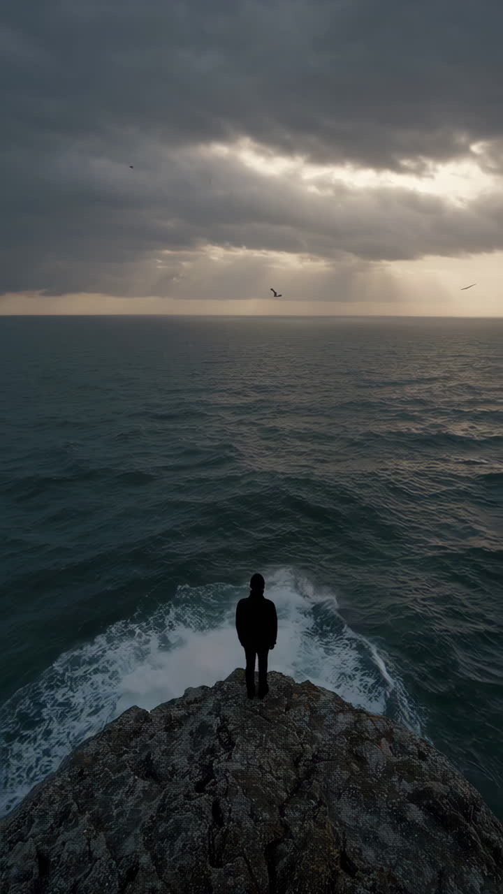 Man Standing on a Cliff Overlooking the Ocean During a Storm