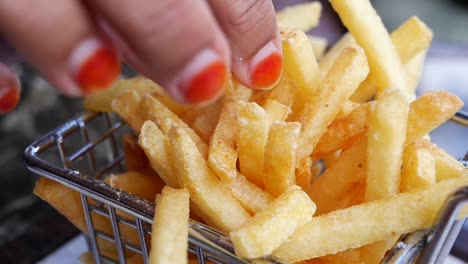 close-up of crispy french fries in a metal basket