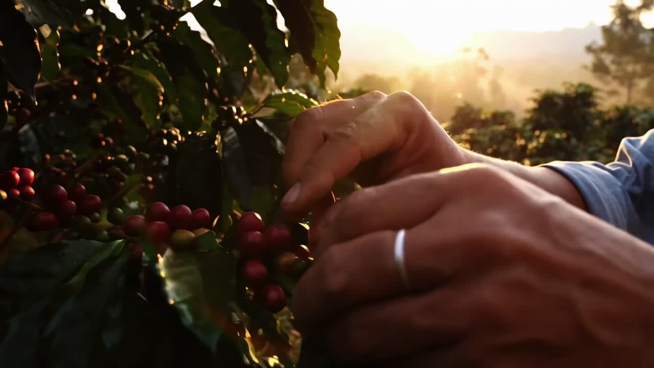 Close-up video of hands picking ripe coffee cherries at sunrise, capturing nature's beauty