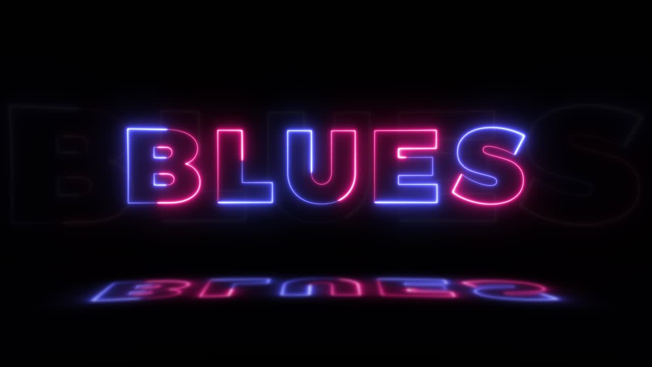 neón brillante palabra 'blues' en un fondo negro con reflejos en un piso. signos de brillo de neón en gráfico de movimiento de bucle sin costuras