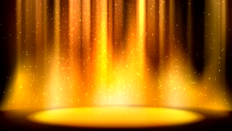 empty golden scene on glitter background, place lit by bright golden spotlight, falling shiny sparkling particles. colorful amber backdrop for catchy design, seamless loop