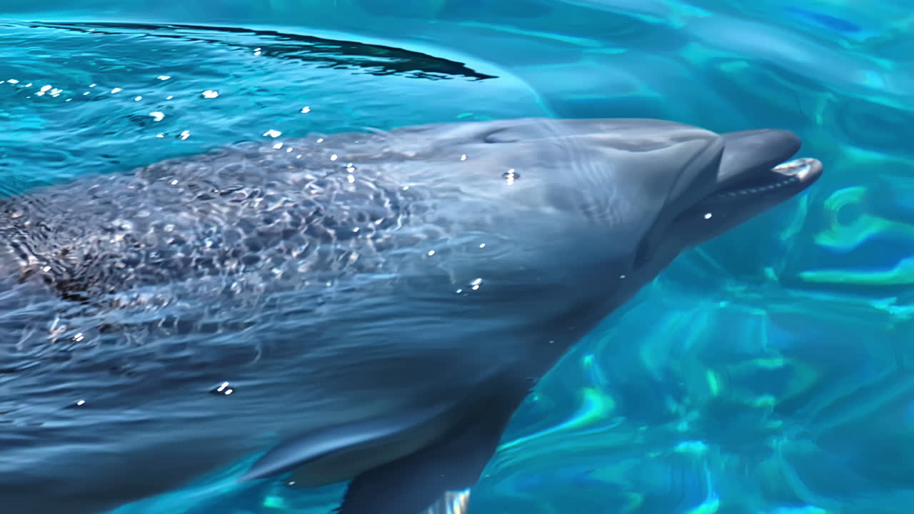 Slowmotion following view of a bottlenose dolphin breathing above the surface in a clear ocean