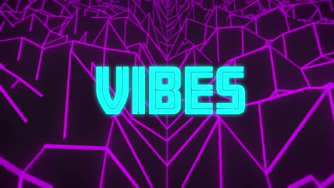 Animation-of-vibes-text-in-blue-and-yellow-letters-over-abstract-shapes-on-dark-background