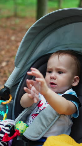 little toddler lying in the pram outdoors. baby boy starts to cry rubbing his eyes. nature blurred backdrop. vertical video