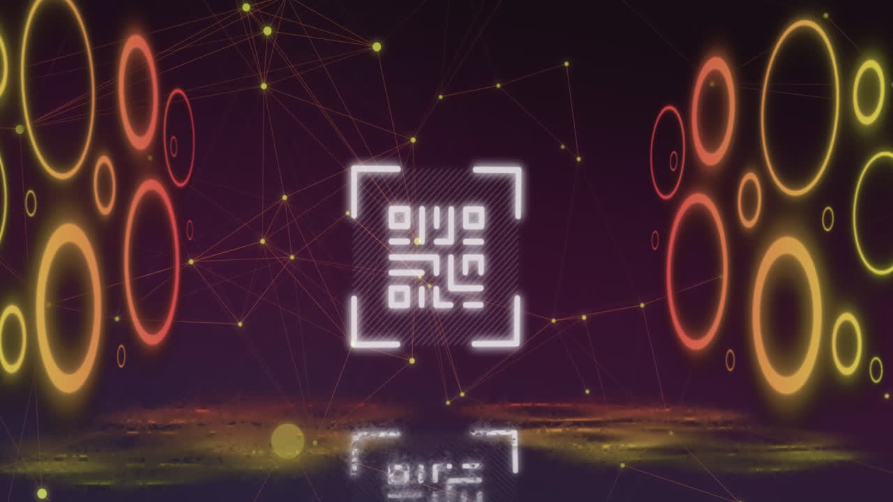 animación digital del escáner de código qr contra la red de conexiones en fondo púrpura