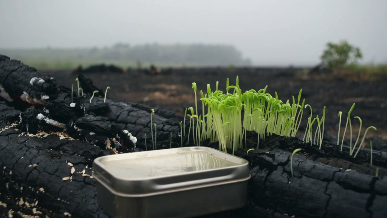 Sprouting cluster of green seedlings growing on charred log after fire, tin reflecting sky