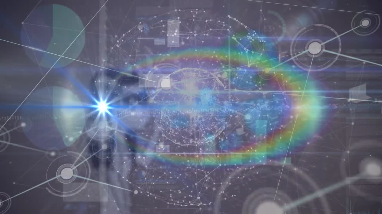 지구를 형성하는 점의 애니메이션, 렌즈 플레어, 여러 그래프에 대한 선으로 연결된 점