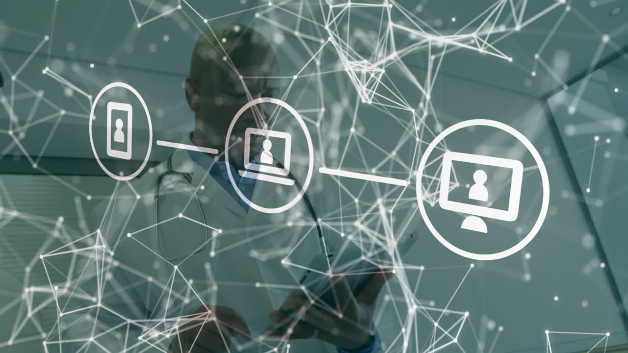 네트워크 연결 및 데이터 처리 애니메이션을 태블릿을 사용하는 사람