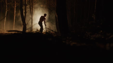 Man Chopping Wood at Night in a Forest