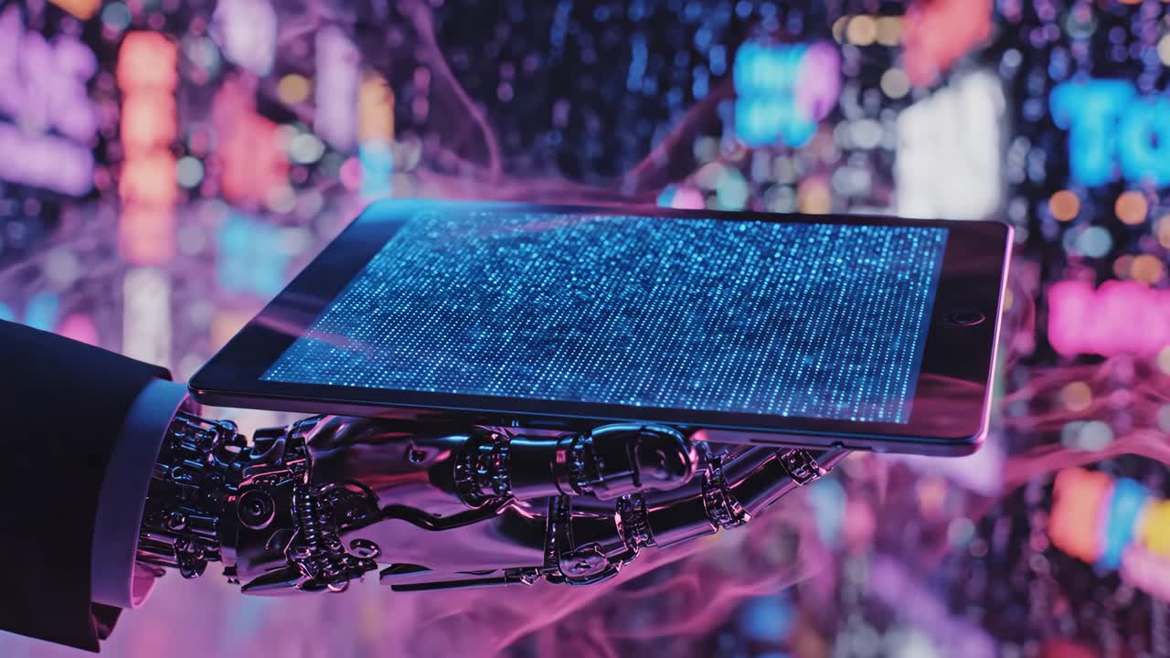 Robot Hand Holding Tablet in Futuristic City