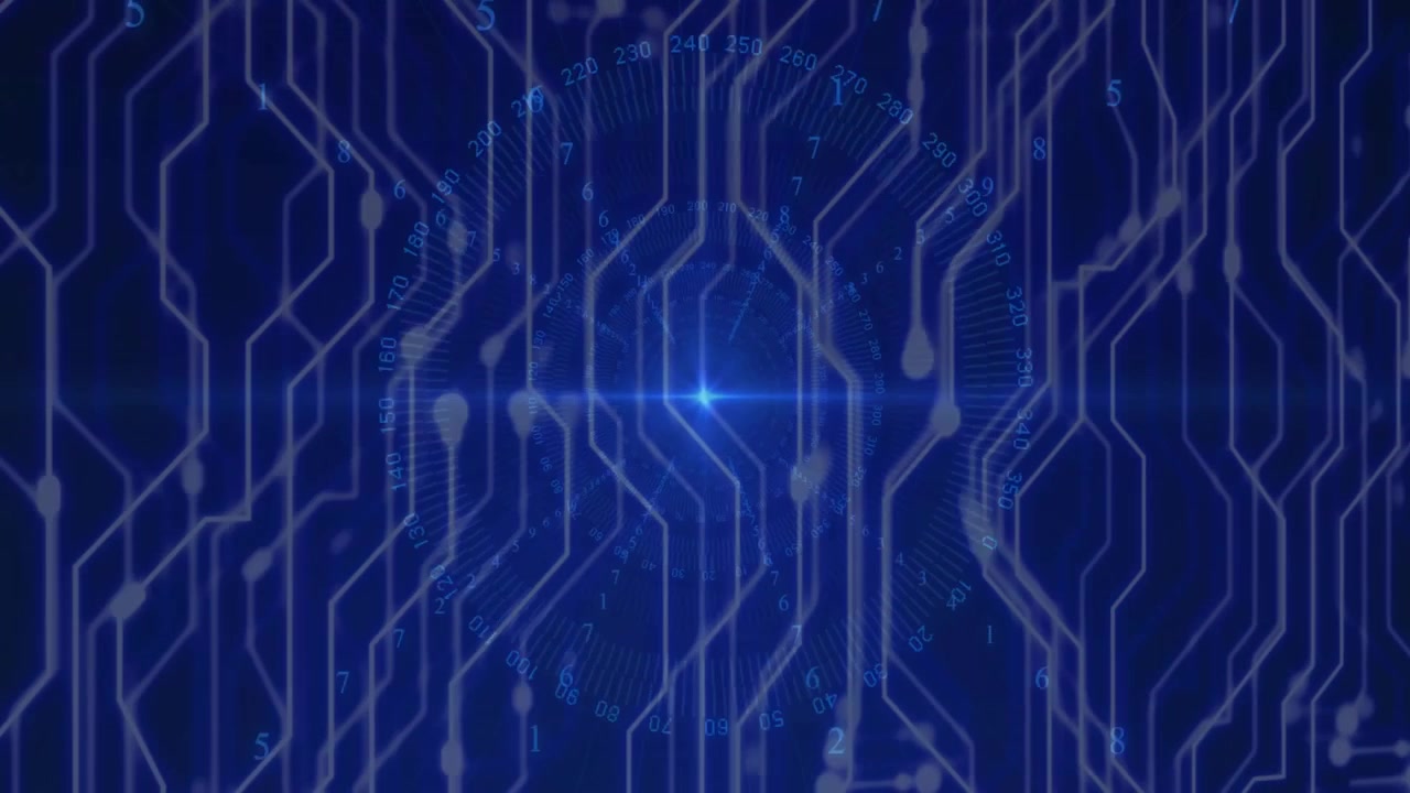Circuit network shimmering and numeric labels glowing while central glow pulsing showing data flow