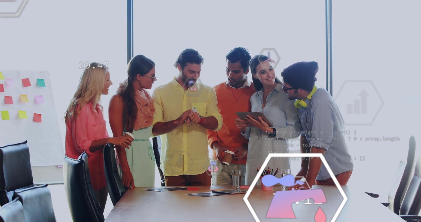 Team of six professionals collaborating in business meeting, with floating data visualization icons