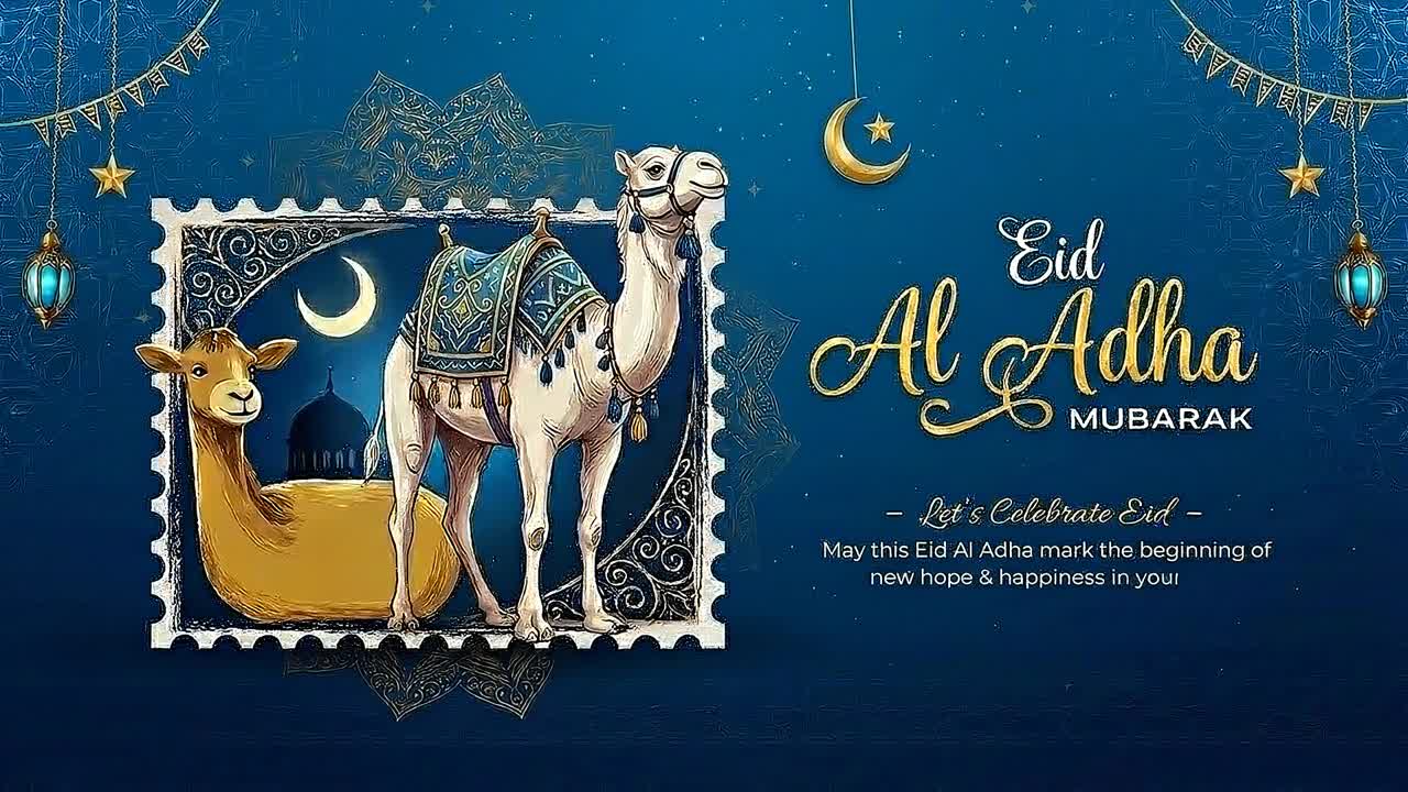 Opera d'arte per animazione banner di auguri Eid Al Adha con cammello decorato, luna crescente ed elegante tipografia islamica celebrativa su sfondo decorativo.