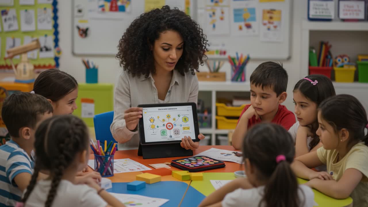 Engaging Classroom Experience: Teacher Using Interactive Tablet to Enhance Learning with Enthusiastic Students Participating in a Creative Learning Environment