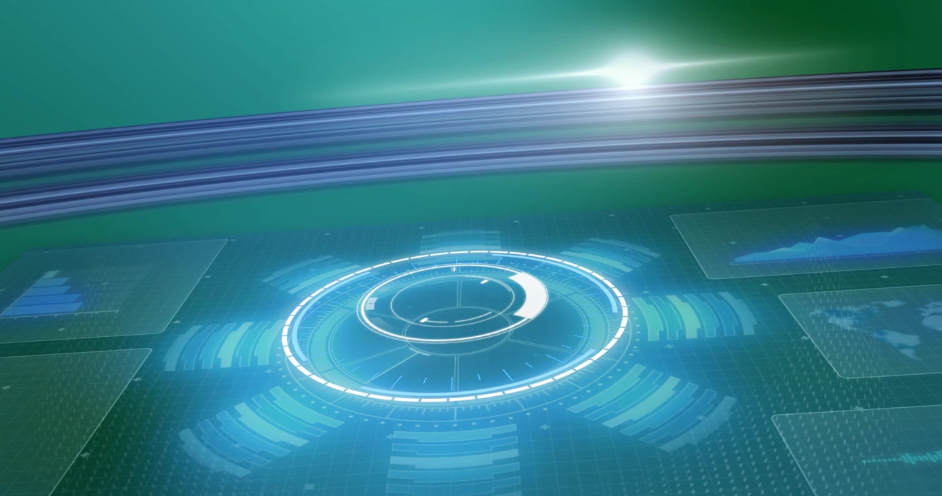 Spot of light and digital interface with round scanner and data processing against blue background