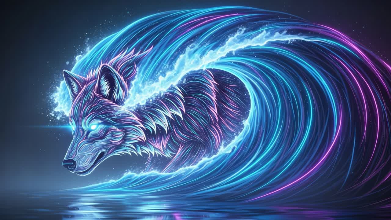 Una splendida fusione di natura e arte: un'accattivante onda neon con un lupo luminoso che emerge dall'acqua, unendo potenza e bellezza in uno spettacolo incantevole
