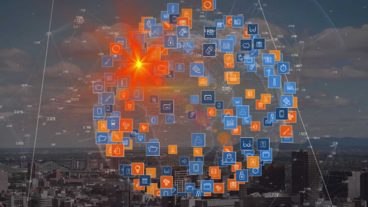 animación de la red global de iconos de medios y procesamiento de datos sobre el paisaje urbano del atardecer