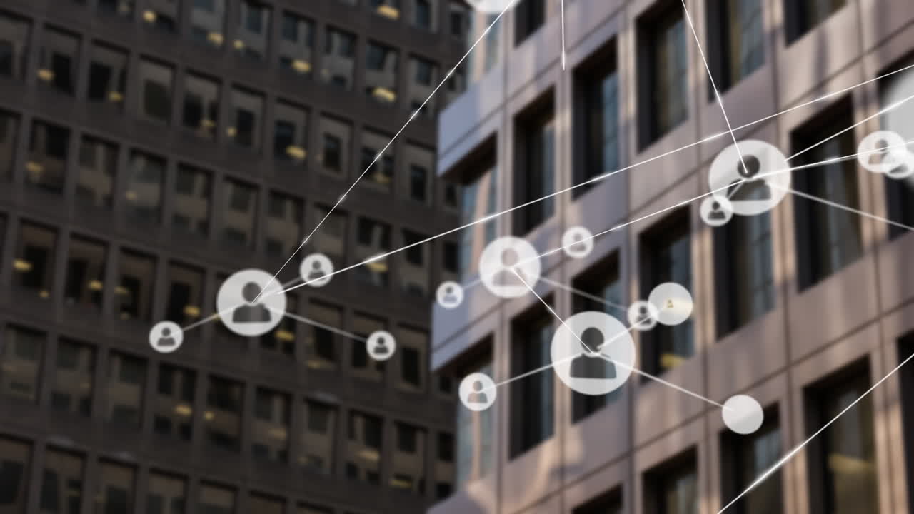Animazione di una rete di connessioni con icone di persone su moderni edifici per uffici