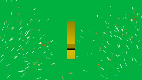 4k. real time countdown leader 3d rendering counting from 10 to 0 with golden numerals reverse on chroma key green screen with turn rotate motion, colorful confetti explodes ribbon graphic beside