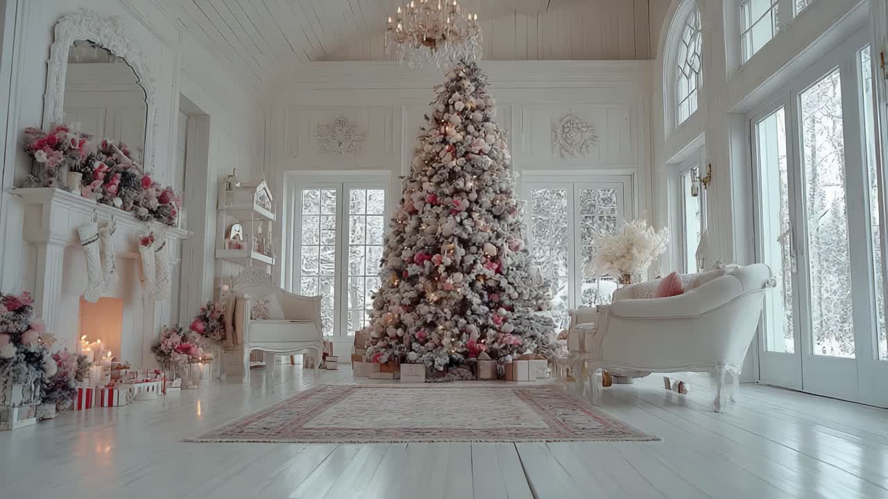 A Beautifully Decorated Christmas Interior Featuring a Regal Tree Surrounded by a Cozy Atmosphere and Winter Wonderland Outside